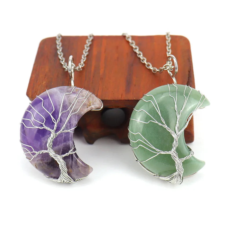 Natural Crystal Pendant Wire Wrap Tree Of Life Big Moon Crescent Mineral Stone Pendulum Amethyst Quartz Necklace For Women Gift  (GoldenCity)