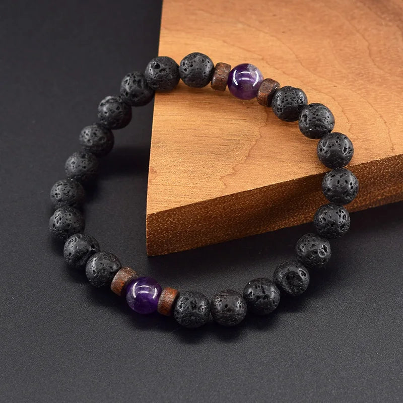 8mm Black Volcanic Beads Bracelet Men Natural Amehyst Crystal Bracelet for Women Body-Purfying Genuine Amethyst Natural Pulsera  (GoldenCity)