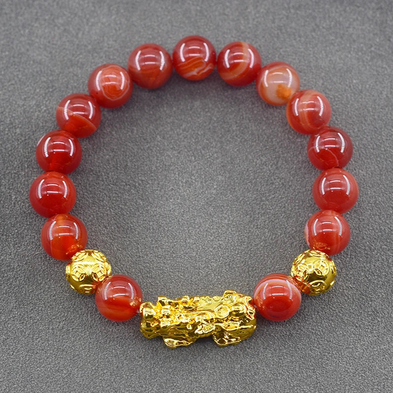 Pixiu Bracelet Feng Shui Wealth and Good Luck Bracelet Homme Wristband Gold Color Obisidian Stone Beads Black Six Character Gift  (GoldenCity)