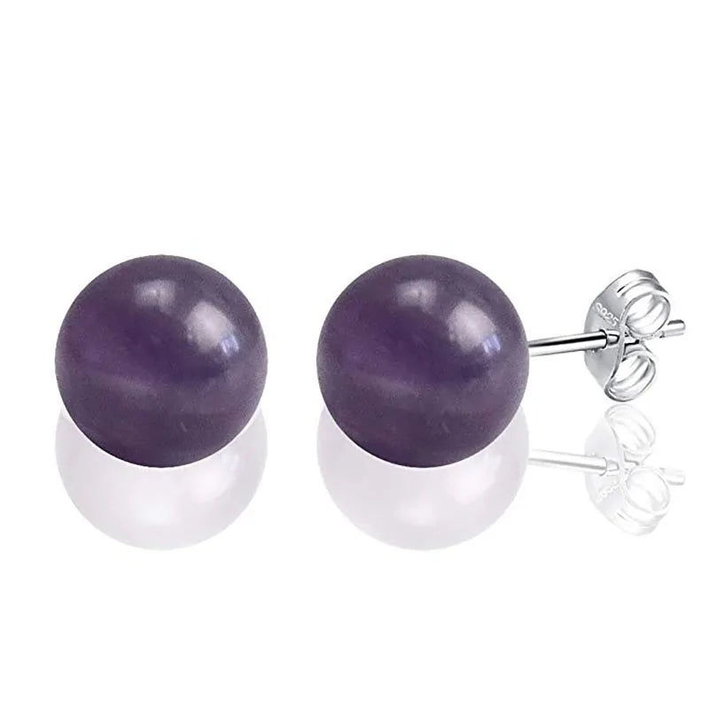 Fashion Simple Classic Natural Stone Opal Crystal Amethyst Aventurine Ball Round Bead Silver Stud Earring for Women Jewelry Gift  (GoldenCity)