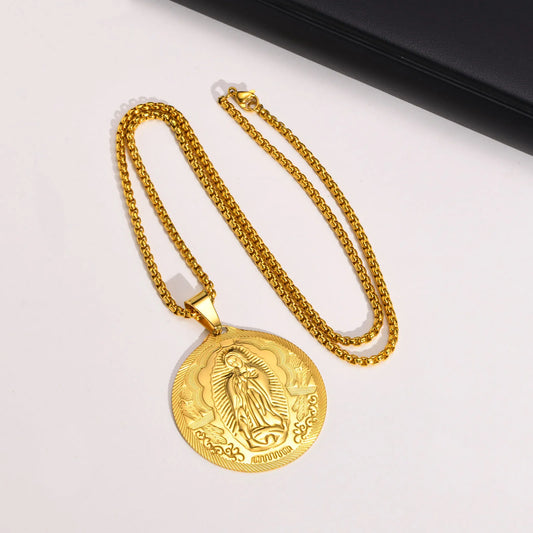 Gold Color Virgin Mary Pendant Necklaces for Men Women,Stainless Steel Metal Mother Mary Collar Religious Gifts Jewelry  (GoldenCity)