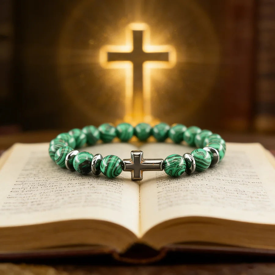 Cross Charm Natural Stone Bracelet Malachite Beaded Bracelet Handmade Men Women Prayer Fitness Chain Couple Matching Jewelry  (GoldenCity)