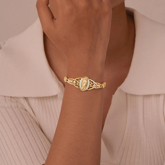 Catholic Bracelet for Women,14k Gold Plated Bracelet,Dainty Cubic Zirconia Religious Baptism Virgin Mary Bracelets Gifts  (GoldenCity)