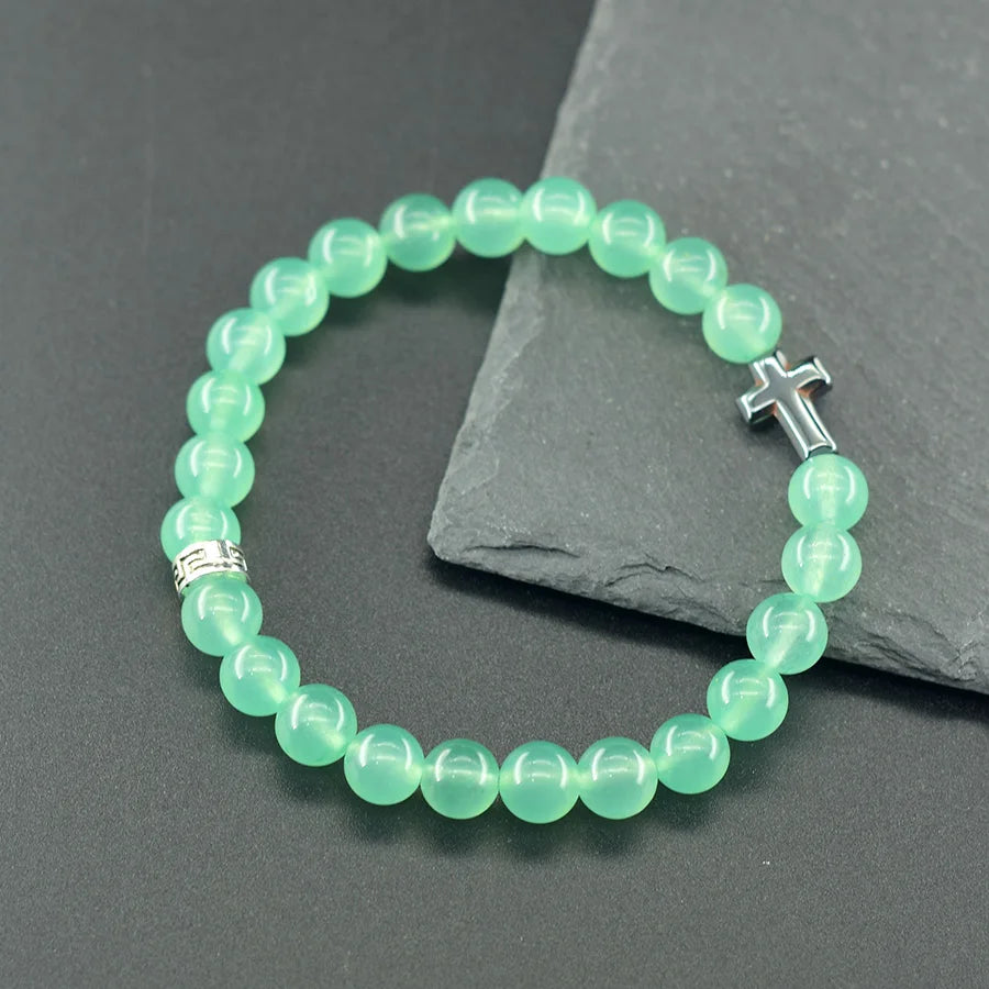 Cross Charm Natural Stone Bracelet Malachite Beaded Bracelet Handmade Men Women Prayer Fitness Chain Couple Matching Jewelry  (GoldenCity)