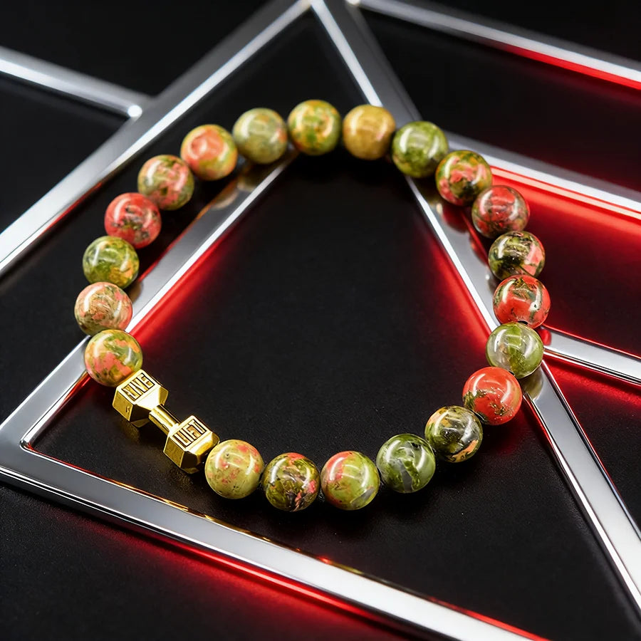 Dumbbell Barbell Shape Pendant Men's Fitness Bracelet Natural Unakite Stone Beads Bangle for Men Gym Strengthen the Muscle Gift  (GoldenCity)