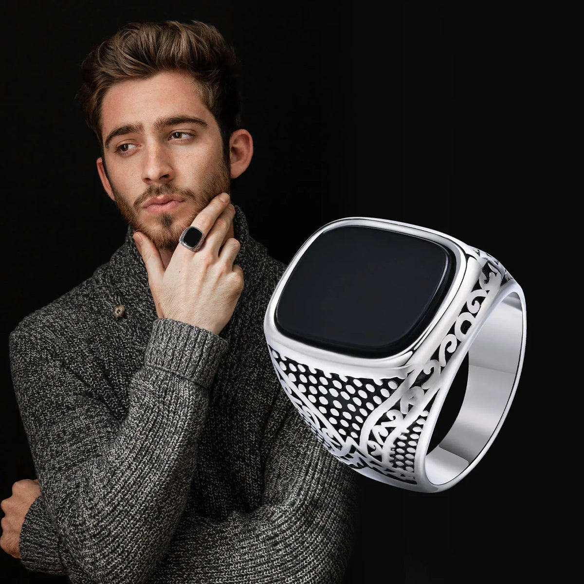 Rock Punk Onyx Stone Rings for Men, Stylish Solid Stainless Steel Metal Signet Ring,Cool Fashion Gifts for Him Jewelry  (GoldenCity)