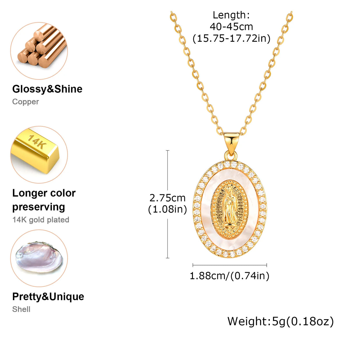 Guadalupe Virgin Mary Necklace for Women Teens, Gold Plated Oval Zircon Inlay Mary Pendant Collar Faith Gift  (GoldenCity)