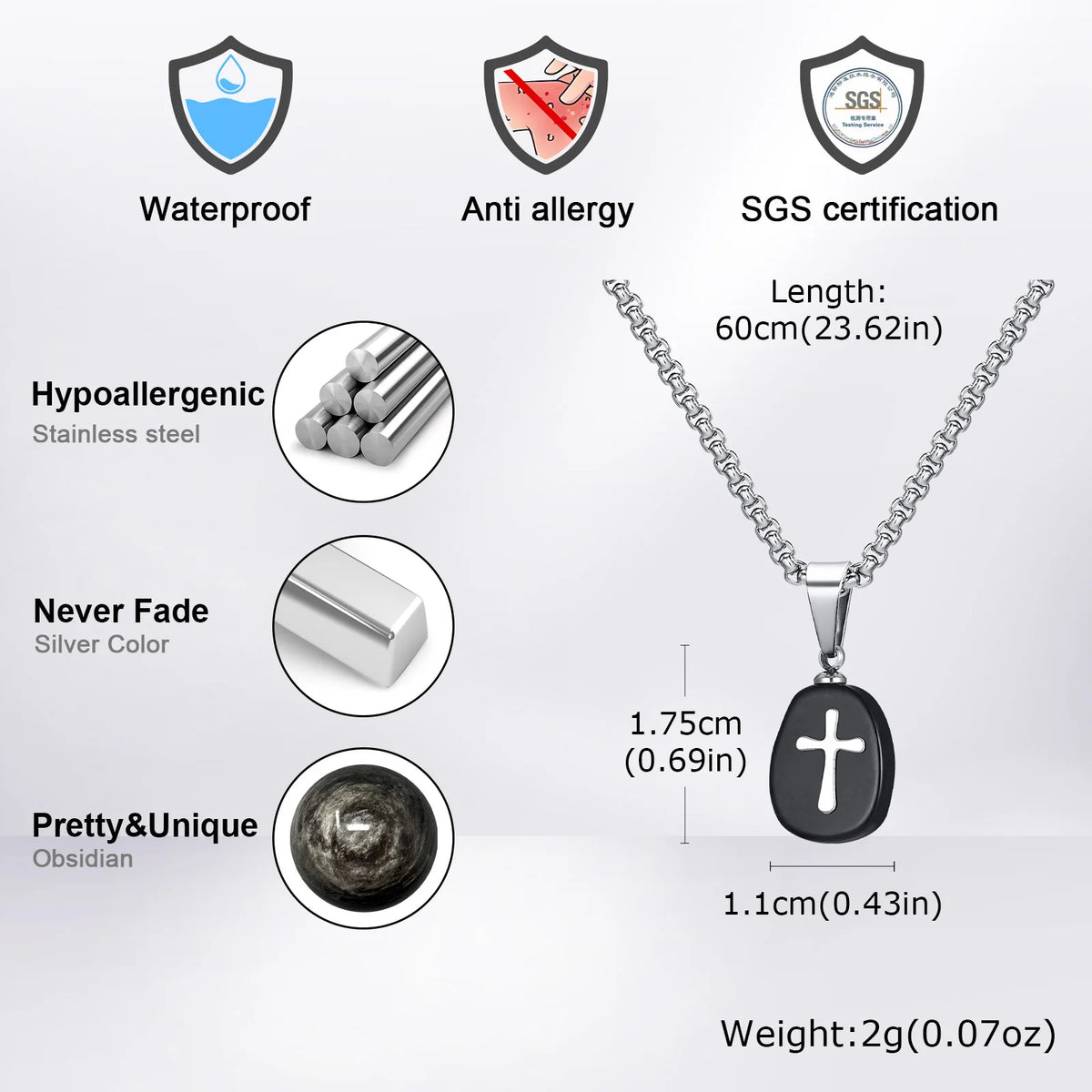 Natural Black Obsidian Stone Pendant, Small Cross Accent Necklaces for Men Women, Stackable Jewelry  (GoldenCity)