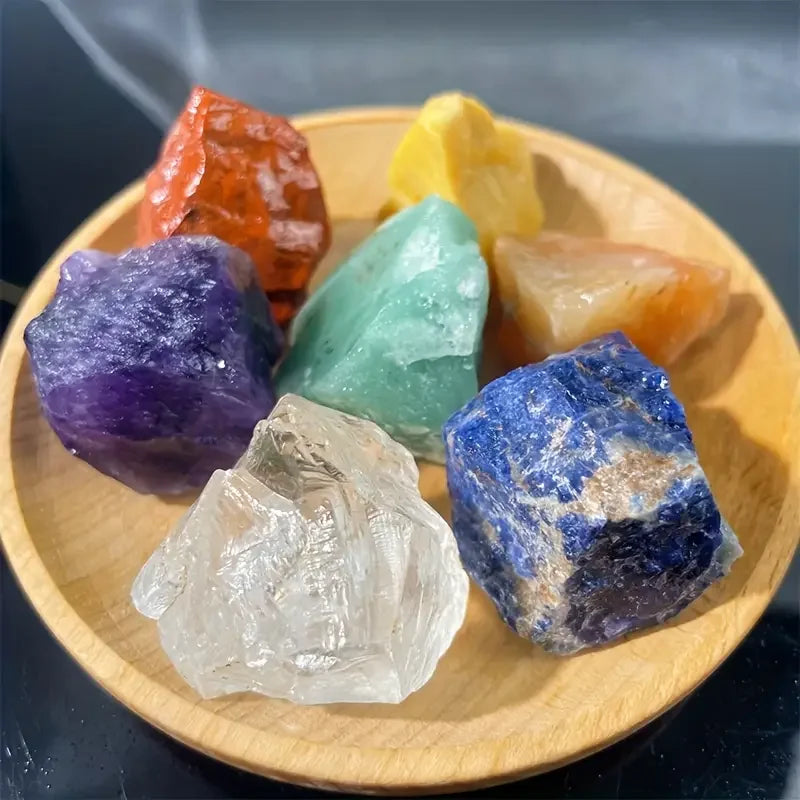 7pcs/set Crystal Rough 0.79-1.2" Natural Chakra Crystal Rough Healing Stone Amethyst Sunstone Yellow Aventurine Lapis Red Jasper  (GoldenCity)
