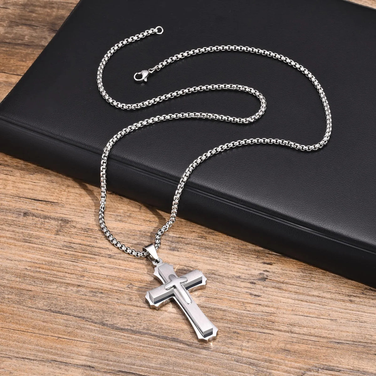 Chunky Three Layered Cross Necklaces for Men, Black Silver Color Stainless Steel Bold Faith Cross Pendant,Hip Hop Necklace  (GoldenCity)