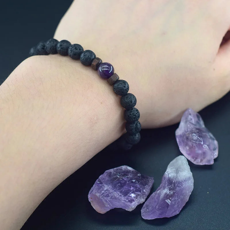 8mm Black Volcanic Beads Bracelet Men Natural Amehyst Crystal Bracelet for Women Body-Purfying Genuine Amethyst Natural Pulsera  (GoldenCity)