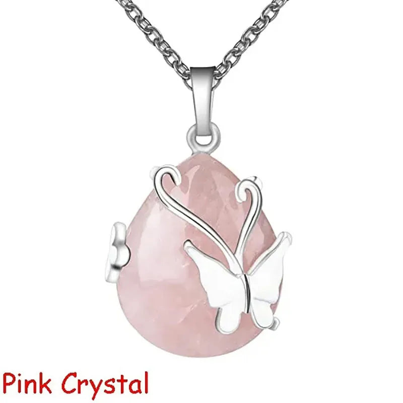 Vintage Wire Wrap Butterfly Gemstone Rose Quartz Amethyst Opalite Healing Crystal Pendant Necklace  (GoldenCity)