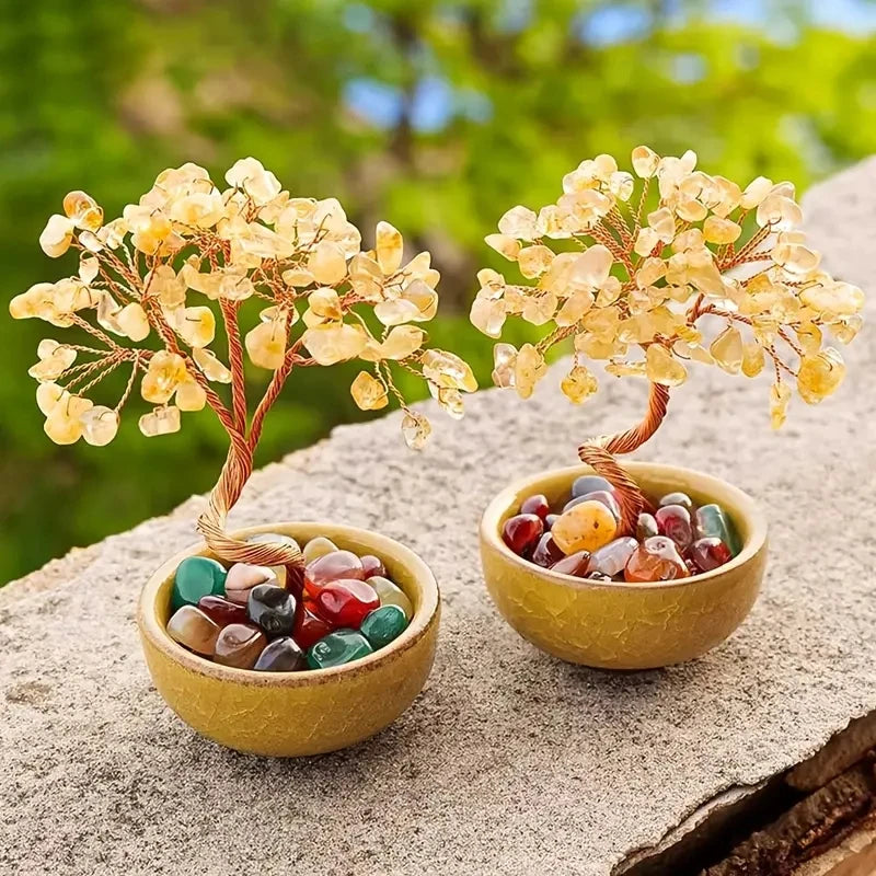 1PC Natural Crystal Tree Energy Stone Citrine Amethyst Money Tree Copper Wire Wrapped Colorful Teabowl Yoga Feng Shui Trees  (GoldenCity)