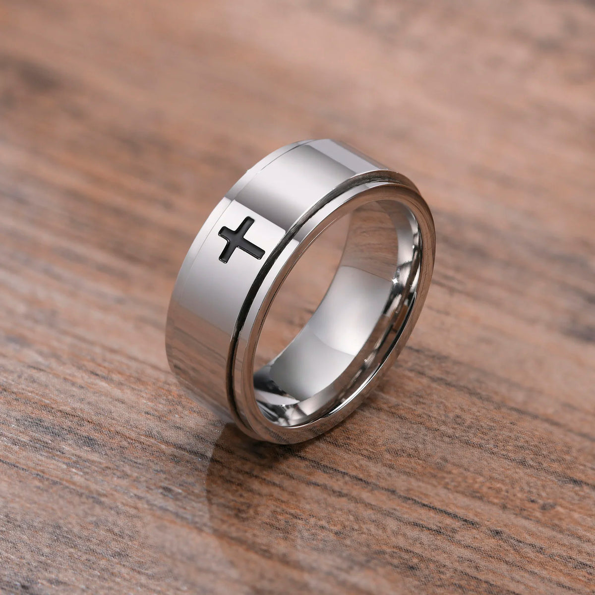 Stylish Mens Spinner Cross Ring, Gold Color Stainless Steel Rotatable Stress Release Finger Band, Christ Jesus Jewelry  (GoldenCity)