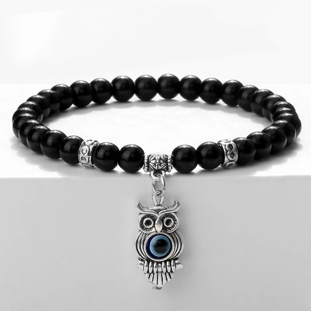 New 6MM Black Polish Beaded Bracelet Lucky Turkish Evil Eye Alloy Pendant Couple Bracelet&Bangles Chain Jewelry Gift for Friend  (GoldenCity)