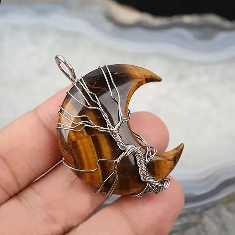 Natural Crystal Pendant Wire Wrap Tree Of Life Big Moon Crescent Mineral Stone Pendulum Amethyst Quartz Necklace For Women Gift  (GoldenCity)