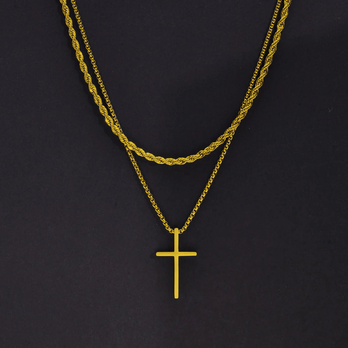 Mens Cross Necklaces, Stainless Steel Layered Plain Cross Pendant, Rope Box Chain Necklace, Simple Prayer Jesus Collar  (GoldenCity)