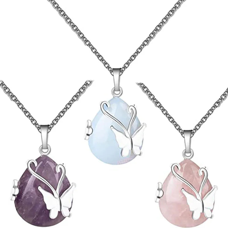 Vintage Wire Wrap Butterfly Gemstone Rose Quartz Amethyst Opalite Healing Crystal Pendant Necklace  (GoldenCity)