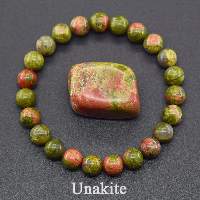 Original Natural Unakite Stone Beads Bracelet Women Men Hualubao Green Gemstone Bohemia Style Elastic Rope Bracelet Jewelry Gift  (GoldenCity)