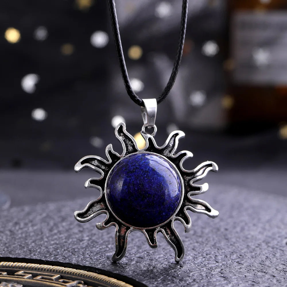 Fashion Natural Gem Stone Quartz Crystal Tiger-eye Plated Silver Alloy Sun Pendant Jewelry Making Accessories Sun Necklace Gift  (GoldenCity)