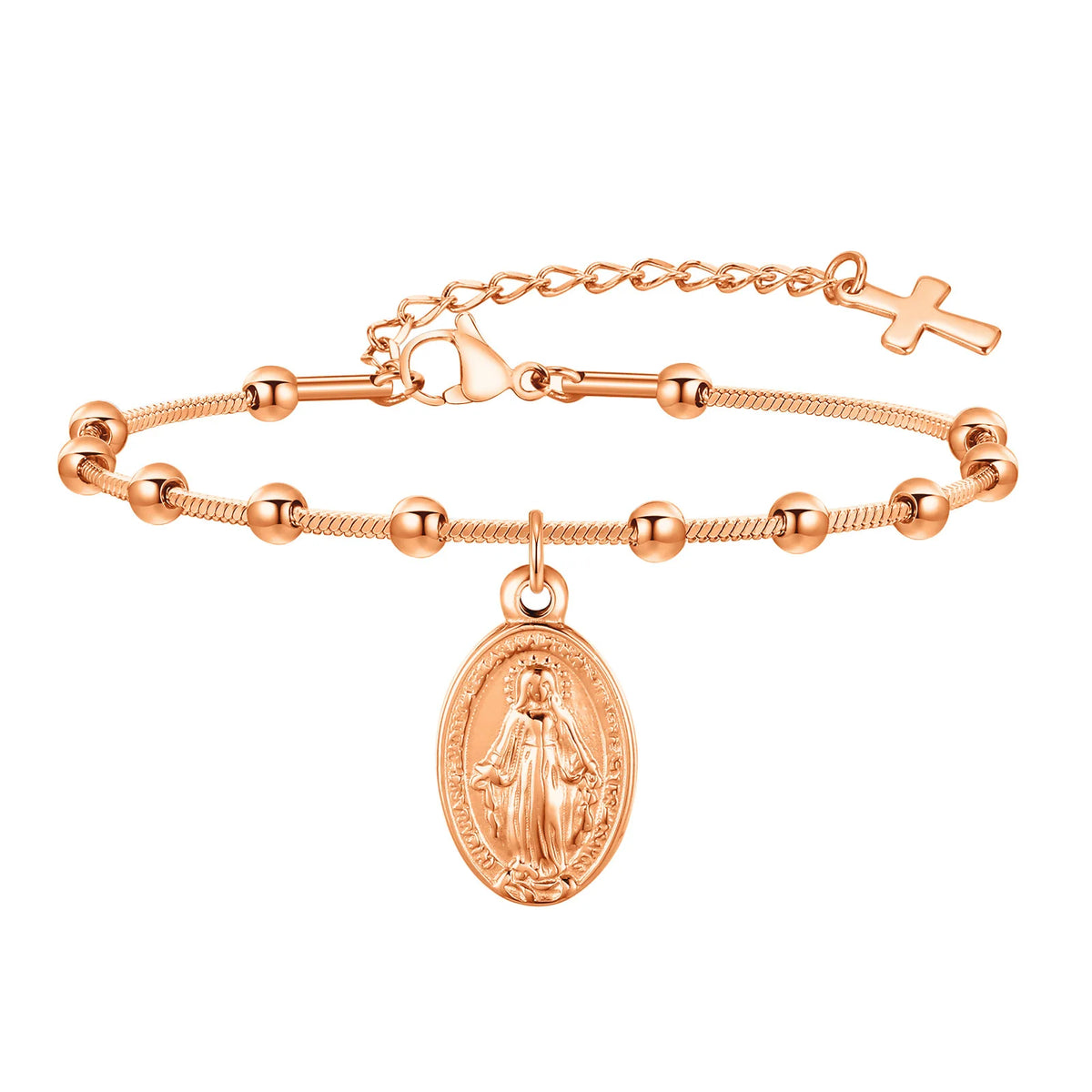 Double Sides Women Rosary Bracelets,Gold Plated Stainless Steel Religious Prayer Charm Bracelet,Cross Virgin Mary Bracelets  (GoldenCity)