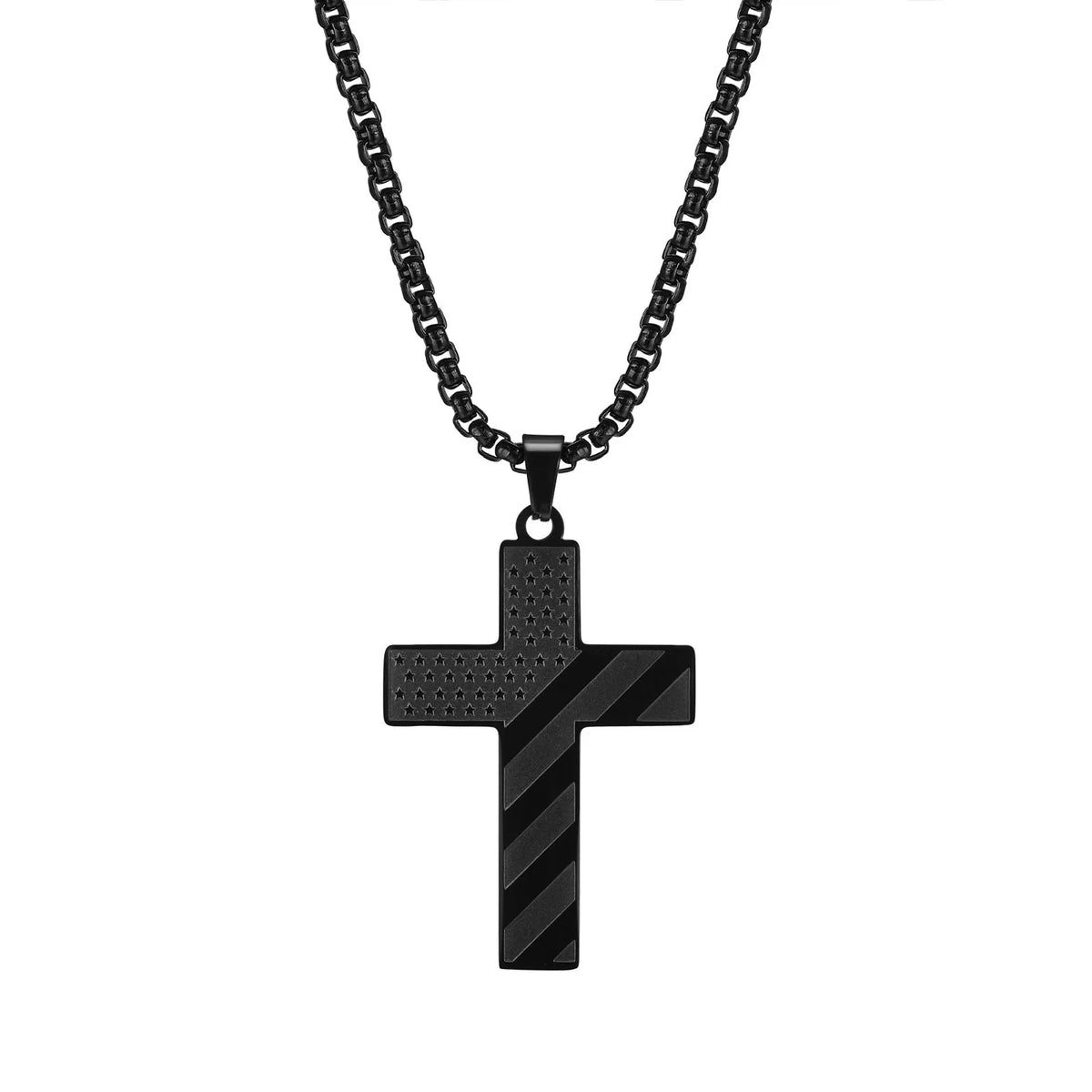 American Flag Cross Pendant Necklace for Men, Bold US Flag Textured Pendant, Black Stainless Steel Faith Jewelry  (GoldenCity)