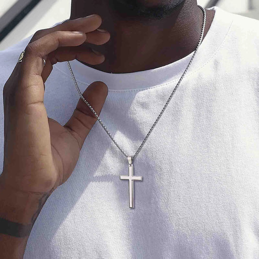 Simple Mens Cross Pendant Necklaces, Classic Stainless Steel Plain Cross Collar Necklaces  (GoldenCity)