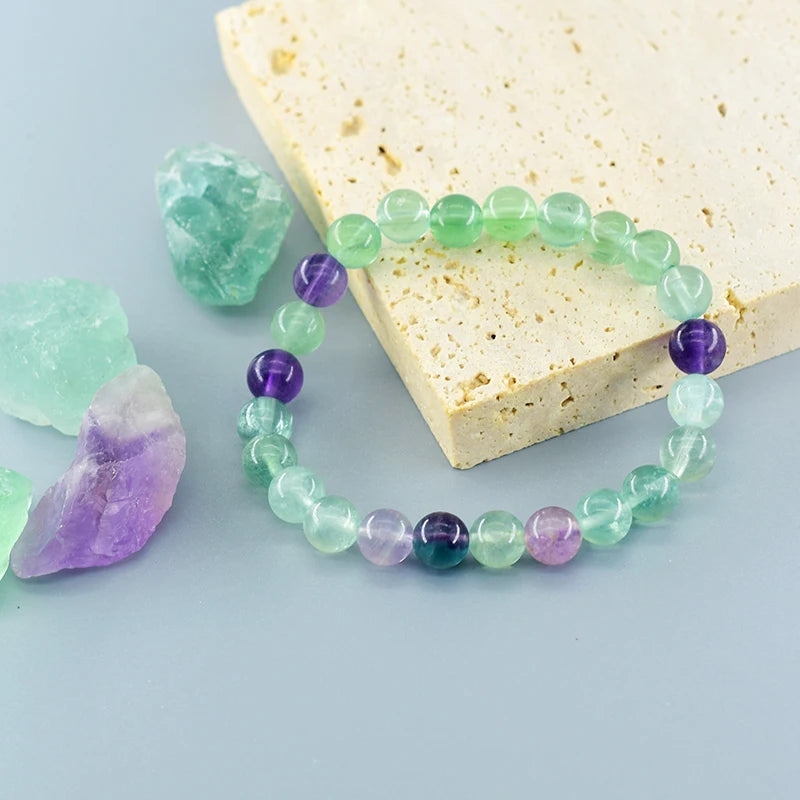 Fluorite Bracelet with Natural Stones 6 8 10mm Beads Charm Jewelry for Women Amethyst Crystal Agates Beads Energy Healing Bangle  (GoldenCity)