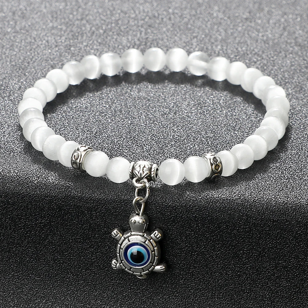 New Charm 6MM White Cat Eye Beaded Bracelet Turkish Evil Eye Butterfly Owl Turtle Pendant Bangles Chain Jewelry Gift for Friend  (GoldenCity)