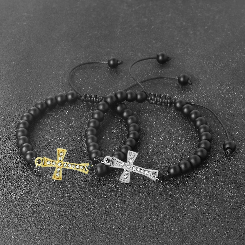 New Charm Jesus Cross Pendant Braided Bracelet 6mm Black Matte Malachite Couple Bracelet Women Men Healing Jewelry Gift  (GoldenCity)