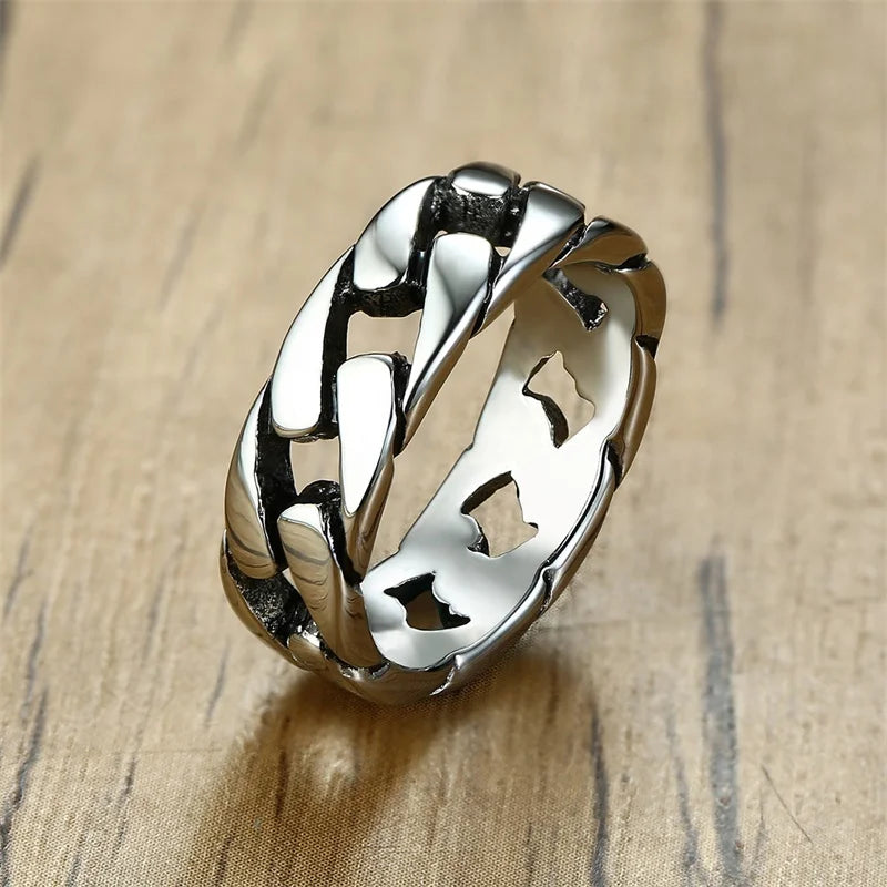 Men Vintage Oxidized Stainless Steel Rings, Links Shaped Finger Band, Punk Rock Male Alliance  (GoldenCity)
