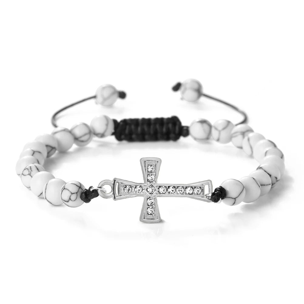 New Charm Jesus Cross Pendant Braided Bracelet 6mm Black Matte Malachite Couple Bracelet Women Men Healing Jewelry Gift  (GoldenCity)
