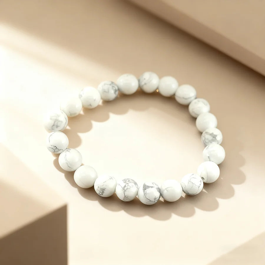 Natural White Howlite Stone Bracelet Women Men Stretch White Turquoise Bead Jewelry Adult Mind-Body Harmony Gift One Dollar Item  (GoldenCity)