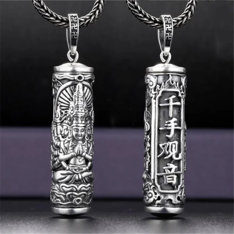 Tibetan Retro Buddha Shurangama Mantra Pendant Necklace For Men Jewelry Fashion Silver 925 Neck Chain Male Necklace Boy Birthday Gift  (GoldenCity)