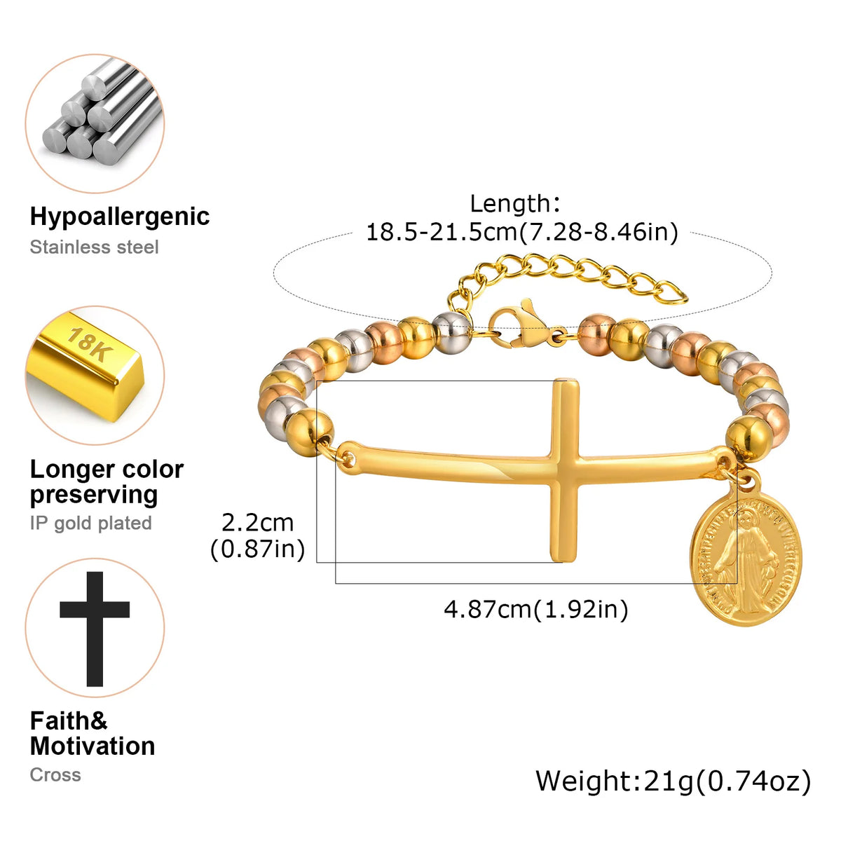 Saint Benedict Cross Bracelets,Stainless Steel Bead Chain Stretch Strand Bracelets For Women Men,Religion Jewelry Christ  (GoldenCity)