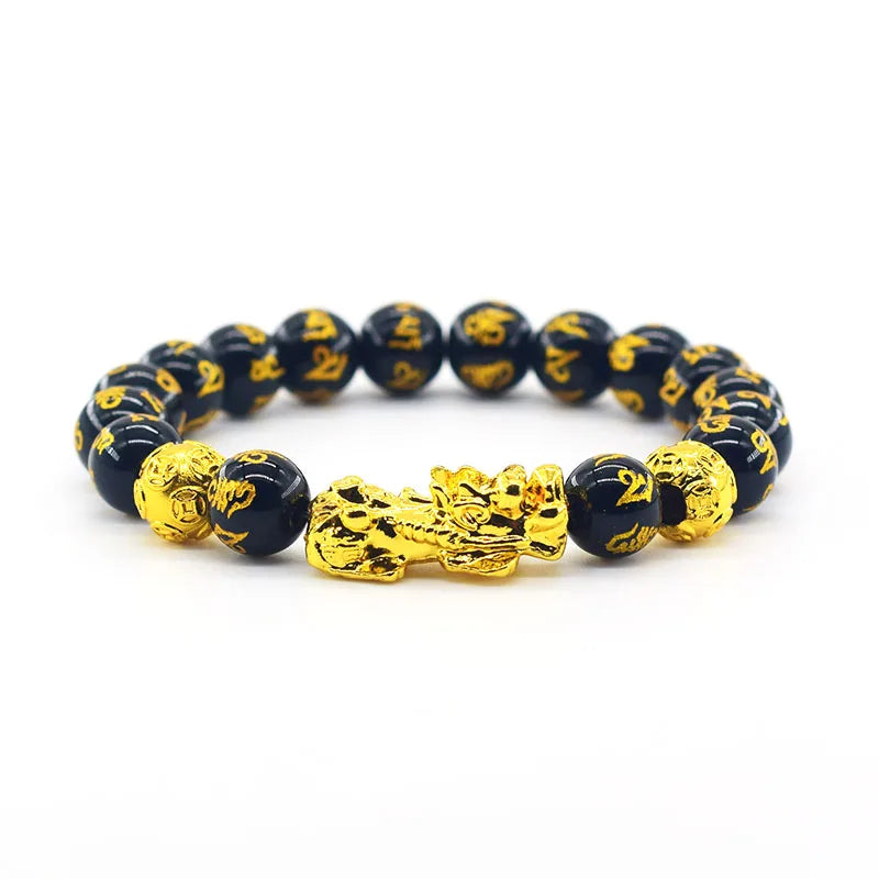 Pixiu Bracelet Feng Shui Wealth and Good Luck Bracelet Homme Wristband Gold Color Obisidian Stone Beads Black Six Character Gift  (GoldenCity)
