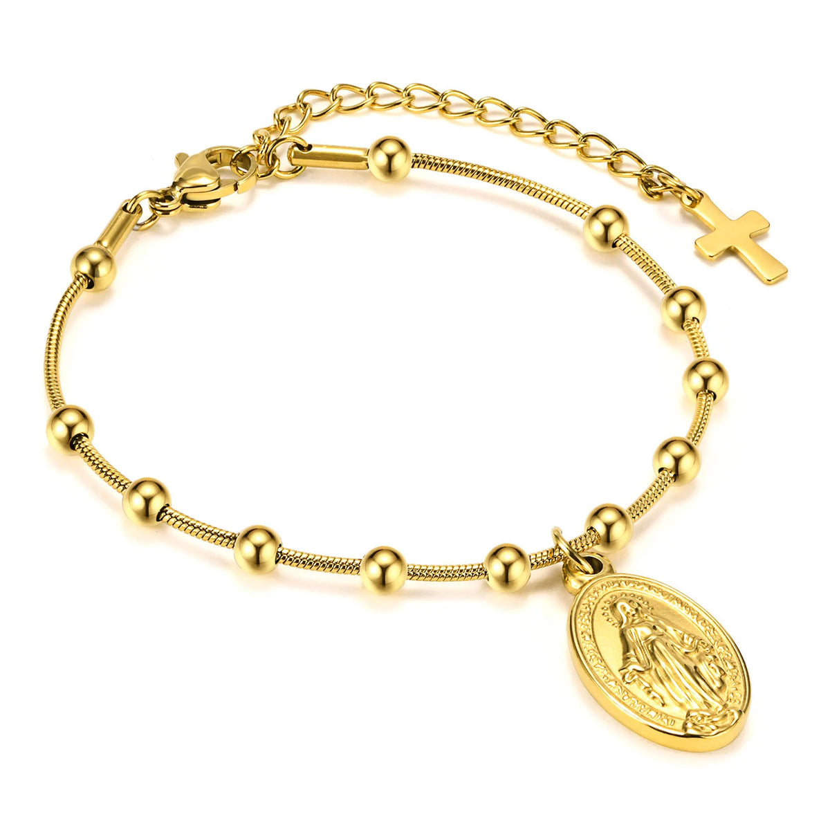 Double Sides Women Rosary Bracelets,Gold Plated Stainless Steel Religious Prayer Charm Bracelet,Cross Virgin Mary Bracelets  (GoldenCity)