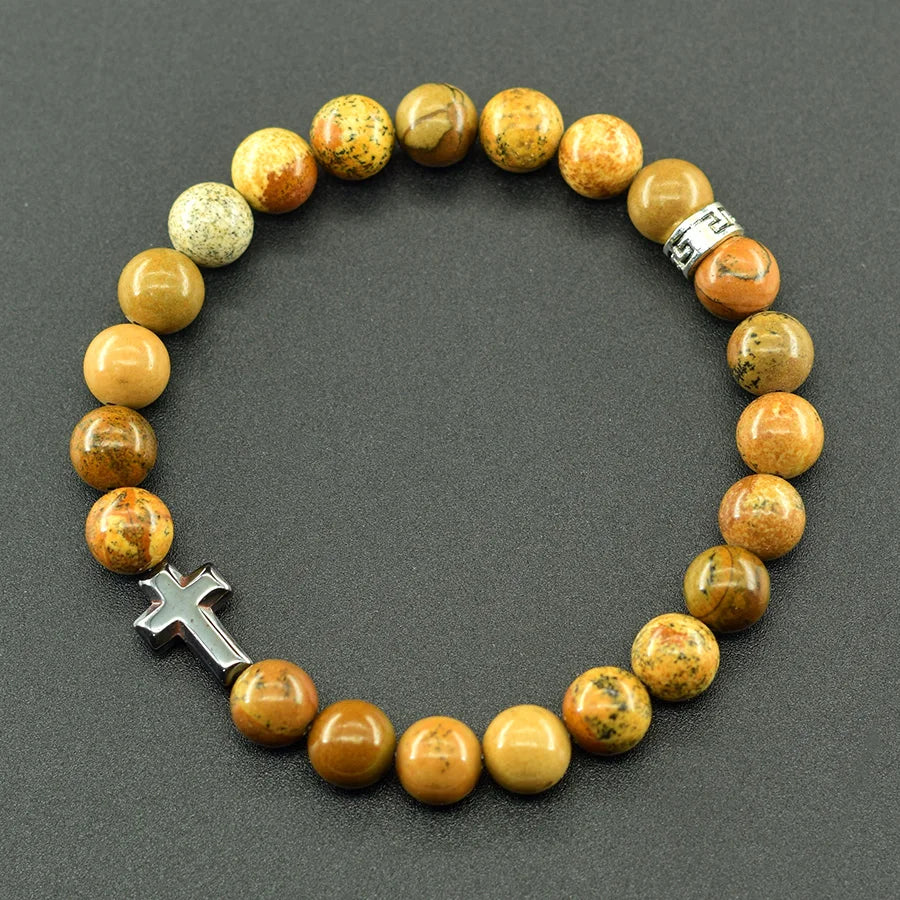 Prayer Cross Charm Natural Stone Beads Bracelet Men Women Rosary Hematite Cross Bracelet Onyx Meditation Bracelet Yoga Jewelry  (GoldenCity)