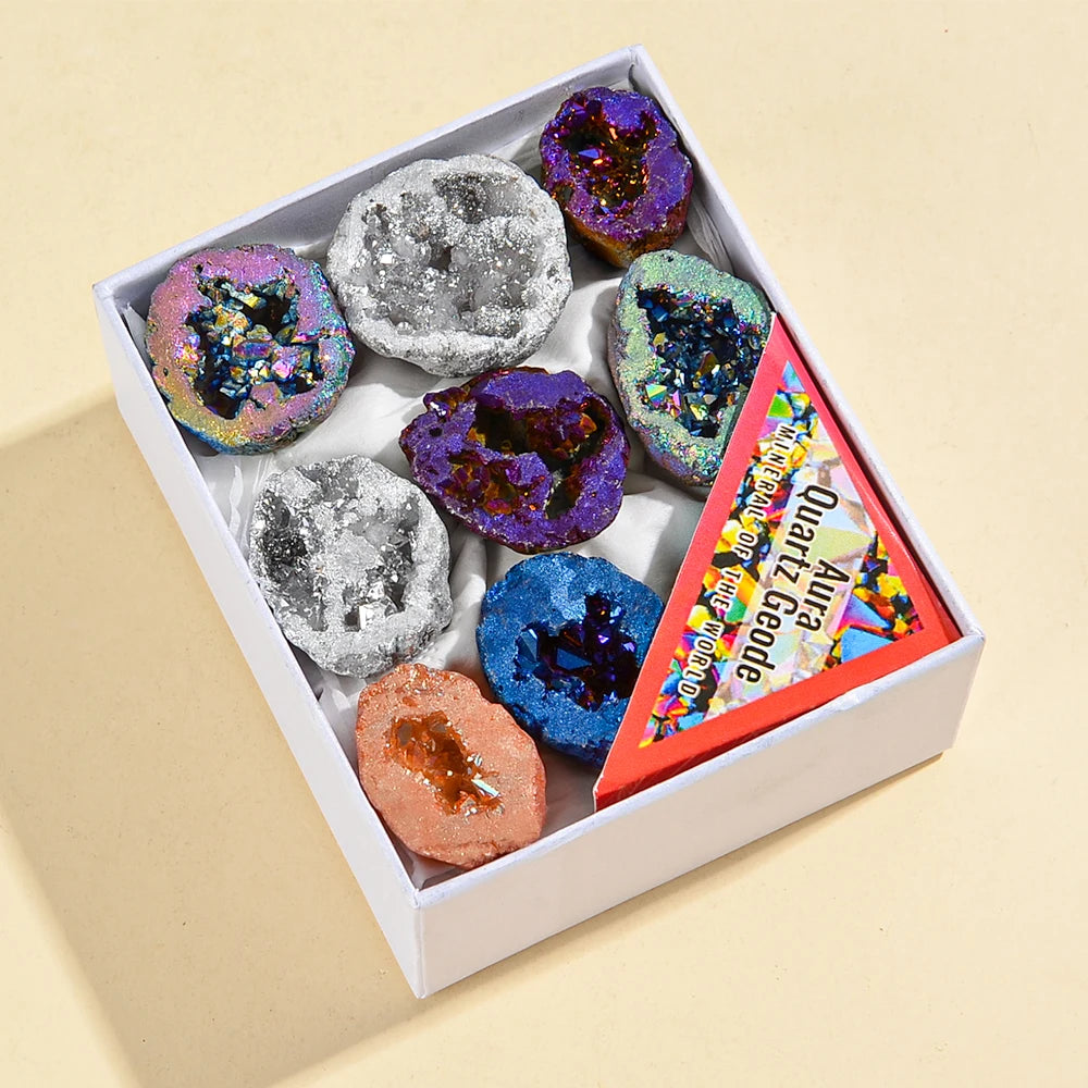 8PCS/Box Titanium Coated Natural Crystal Cluster Electroplated Agate Geode, Energy Balance Reiki Wicca Home Decor  (GoldenCity)