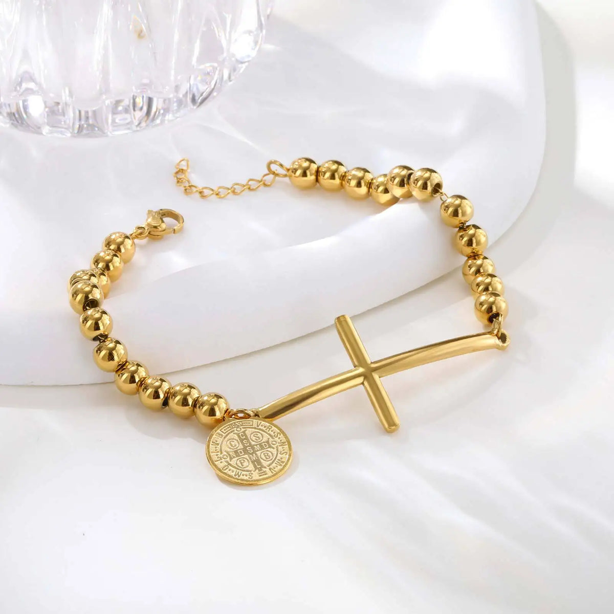 Virgin Mary St. Benedict Cross Bracelet For Women, Stainless Steel Gold Color Beaded Chain Bracelets, Christ Prayer Jewelry  (GoldenCity)