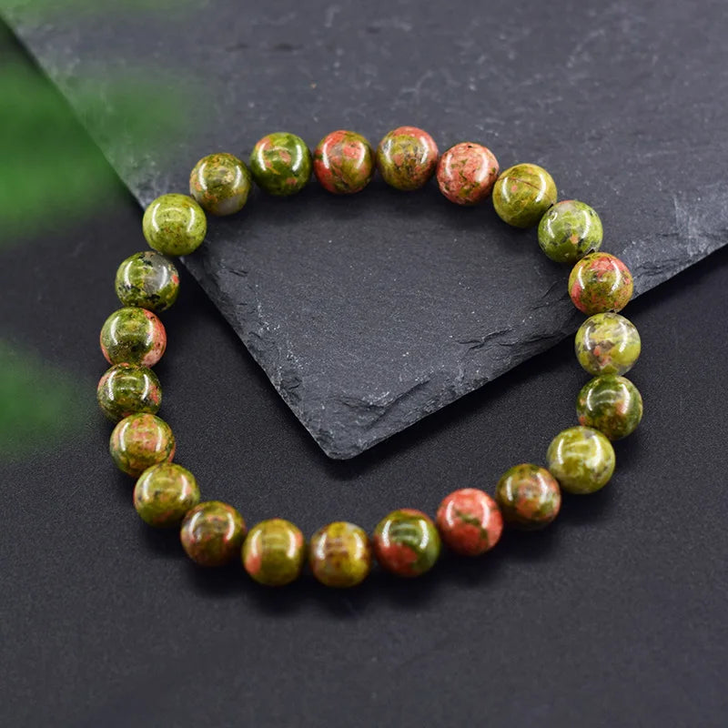 Original Natural Unakite Stone Beads Bracelet Women Men Hualubao Green Gemstone Bohemia Style Elastic Rope Bracelet Jewelry Gift  (GoldenCity)