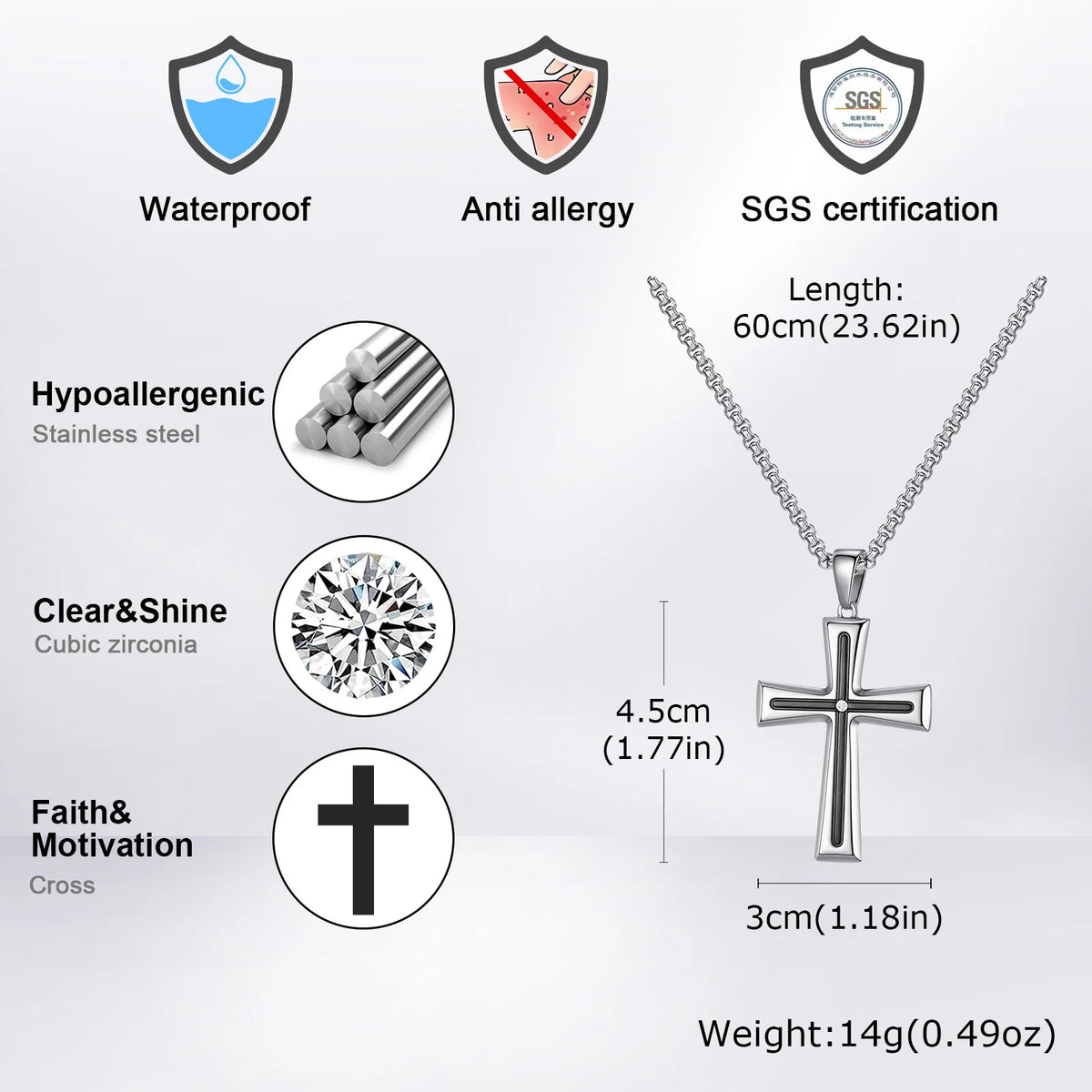 Cubic Zirconia Stone Centered Cross Necklaces for Men, Black Silver Color Stainless Steel Pendant,Religious Accessory Gift  (GoldenCity)