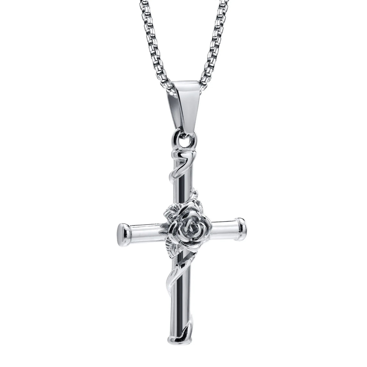 Men Cross Necklace, Stainless Steel Rose Cross Pendant with Box Chain, Unisex Cool Crucifix Jesus Faith Aesthetic Collar  (GoldenCity)