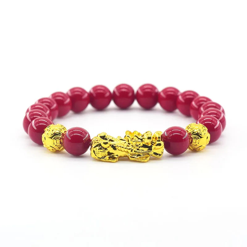 Pixiu Bracelet Feng Shui Wealth and Good Luck Bracelet Homme Wristband Gold Color Obisidian Stone Beads Black Six Character Gift  (GoldenCity)