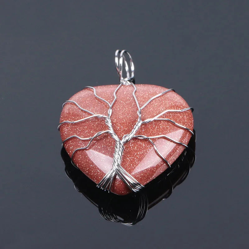 Natural Stone Tree of Life Wire Wrapped Love Heart Necklace Pendant Natural Stone Tiger Eye Pink Quartz Black Agate For Women  (GoldenCity)