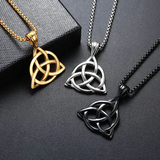 Celtic Knot Necklaces for Men Stainless Steel Triple Knot Pendants Casual Male Jewelry with 24" Box Chain  (GoldenCity)