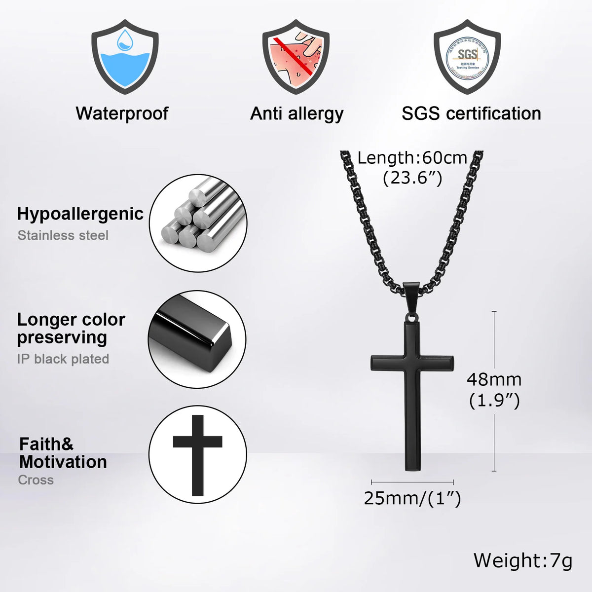 Simple Mens Cross Pendant Necklaces, Classic Stainless Steel Plain Cross Collar Necklaces  (GoldenCity)