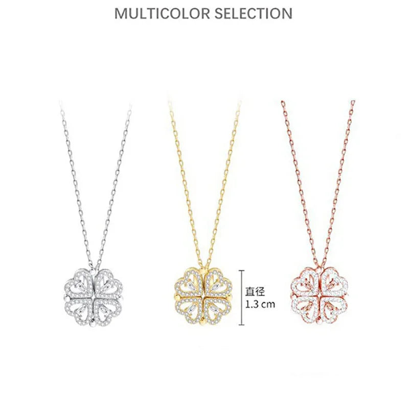 1pc Heart Shaped Four Leaf Clover Pendant Necklace Jewelry Zircon Women Love Clavicle Chain Gifts Openable ChokerJewelry  (GoldenCity)
