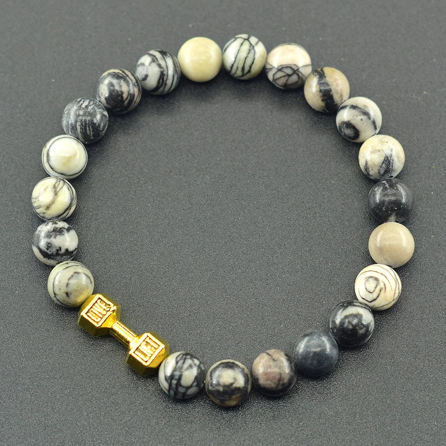 Natural Volcanic Stone Bracelet Men Matte Black Lava Obsidian Beads Charm Dumbbell Strand Bracelet Women Barbell Fitness Jewelry  (GoldenCity)
