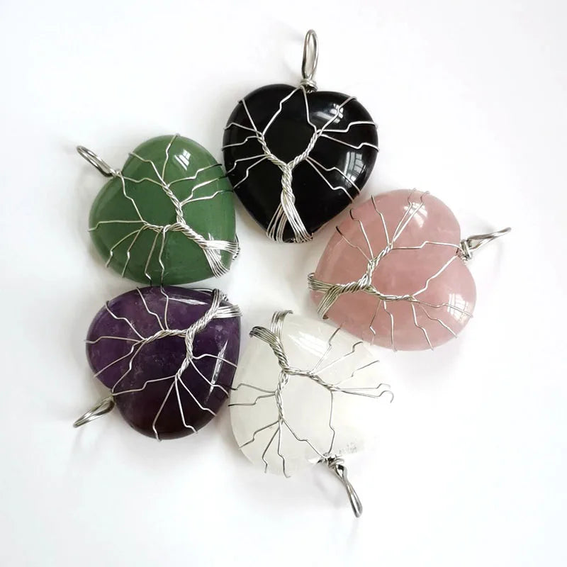 Natural Stone Tree of Life Wire Wrapped Love Heart Necklace Pendant Natural Stone Tiger Eye Pink Quartz Black Agate For Women  (GoldenCity)